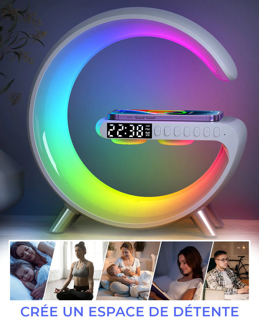 Lampe de réveil - chargeur sans fil - réveil numérique - réveil lumineux -  lampe de table - lampe LED - haut-parleur bluetooth - blanc